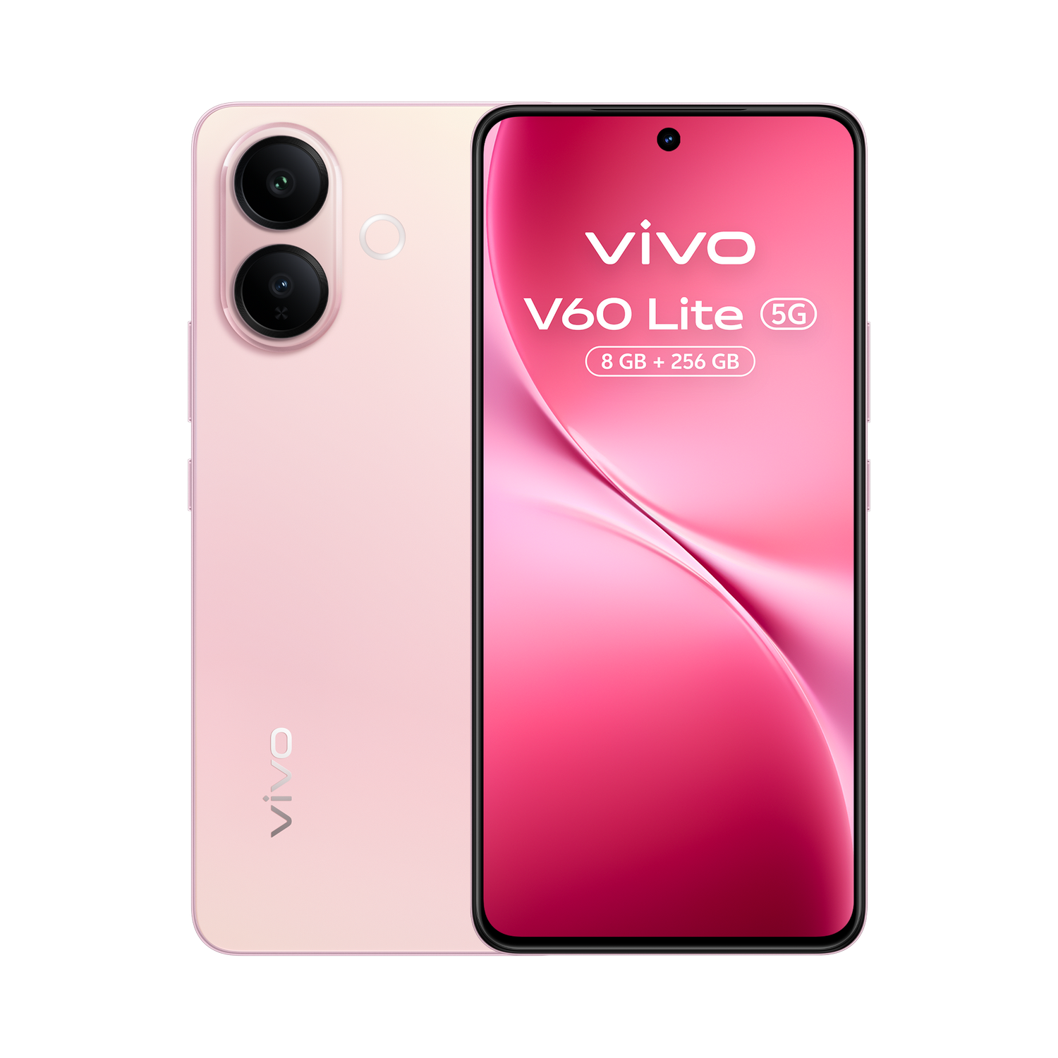 Un teléfono rosa Vivo V60 Lite 5G con una pantalla que muestra un diseño abstracto rosa y blanco, y un fondo gris.