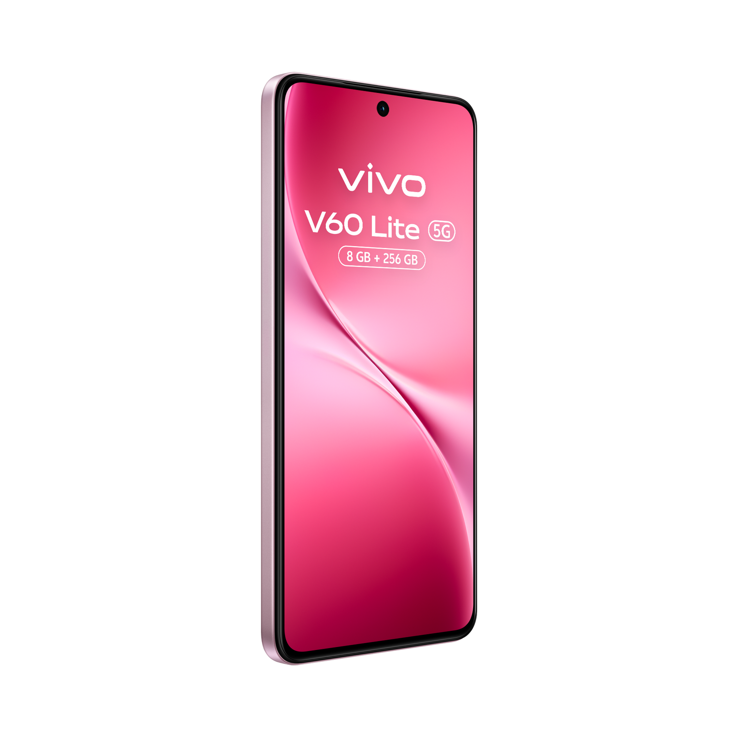 Un smartphone rosa Vivo V60 Lite 5G. La pantalla muestra la marca y el modelo. El teléfono tiene un marco rosa y un fondo gris.