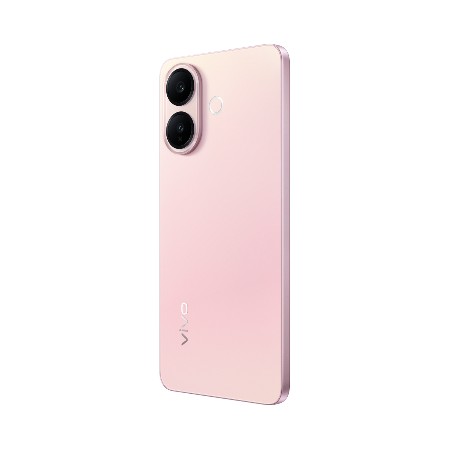 Teléfono inteligente rosa con dos cámaras y un flash. La marca 'vivo' es visible. El fondo es gris.