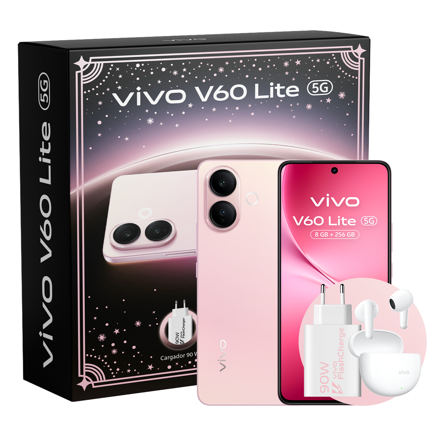 Se muestra un teléfono Vivo V60 Lite 5G, una caja, un cargador y auriculares. El teléfono es rosa. La caja es negra con una imagen del teléfono.