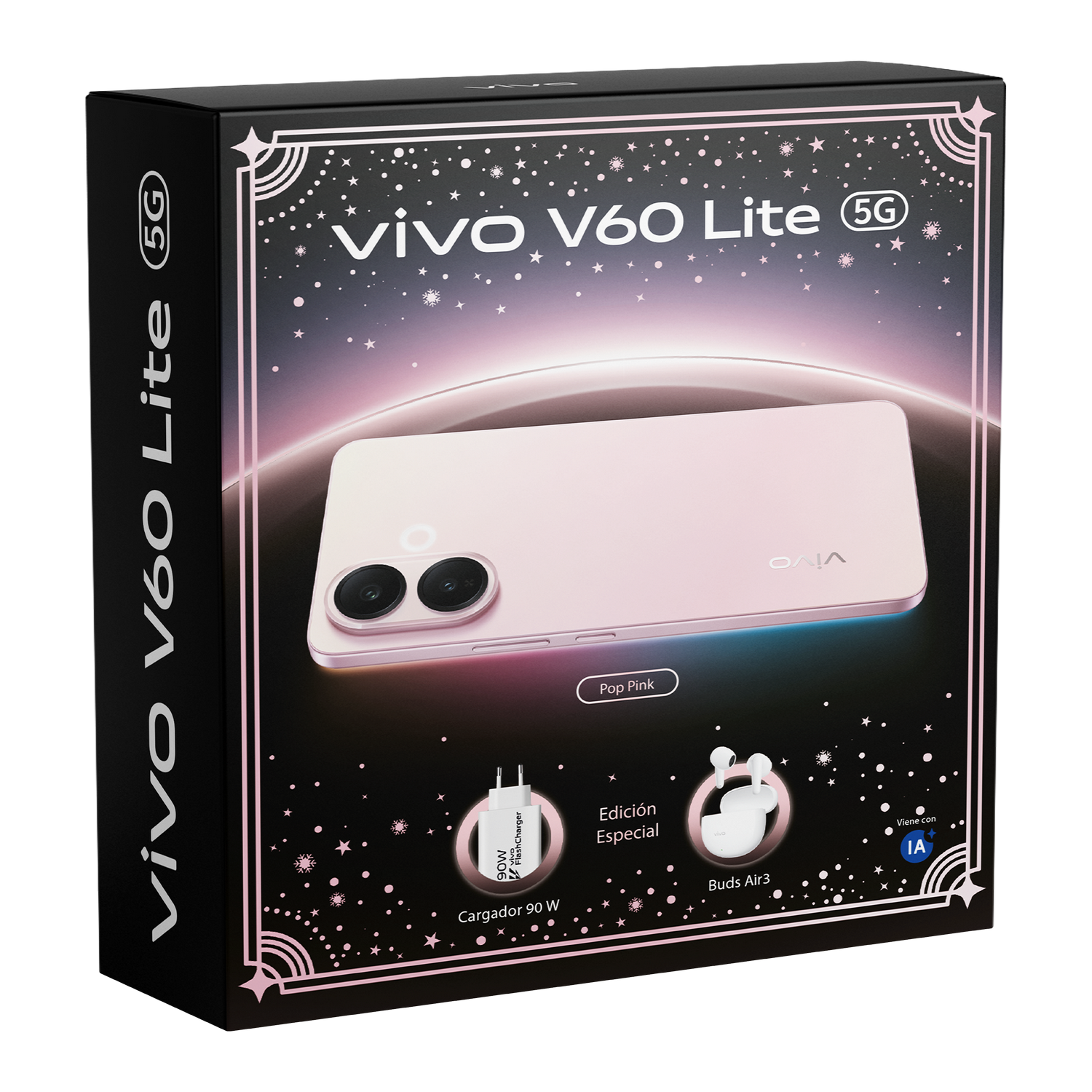 Una caja muestra un teléfono rosa Vivo V60 Lite 5G, cargador y auriculares. Está etiquetada como 'Pop Pink' y 'Edición Especial'.
