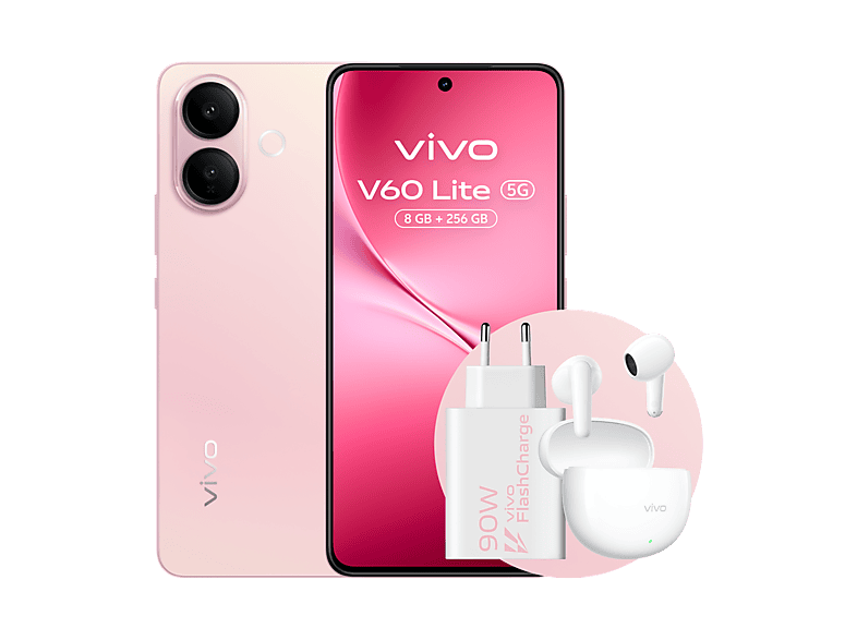 vivo V60 Lite, Rosa, 256GB, 8GB RAM, 6.77 AMOLED de120Hz, Dimensity 7360-Turbo, 6500 mAh, Incluye Cargador y Auriculares