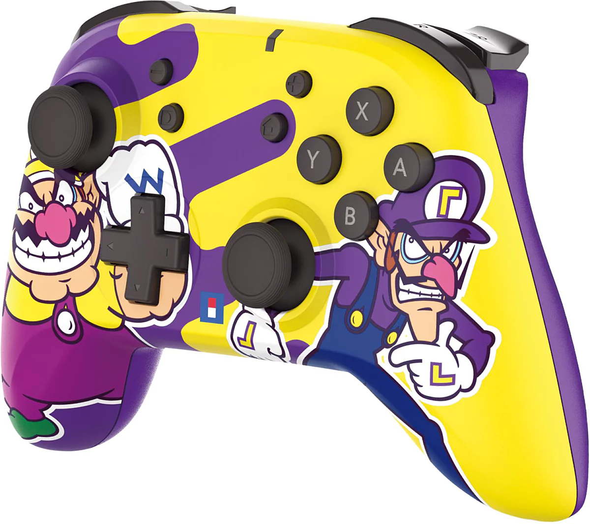Un mando de Nintendo Switch amarillo y morado con los personajes Wario y Waluigi. El mando tiene botones y joysticks.
