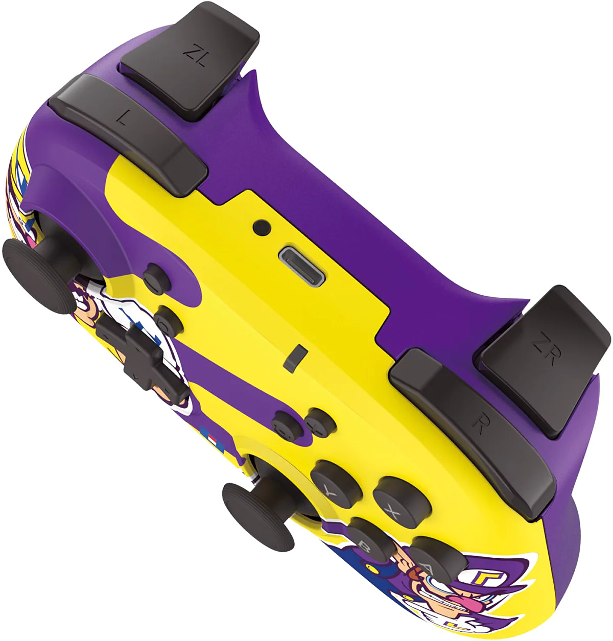 Un controlador Nintendo Switch morado y amarillo con arte de Waluigi. Tiene botones y gatillos negros. El diseño es diagonal.