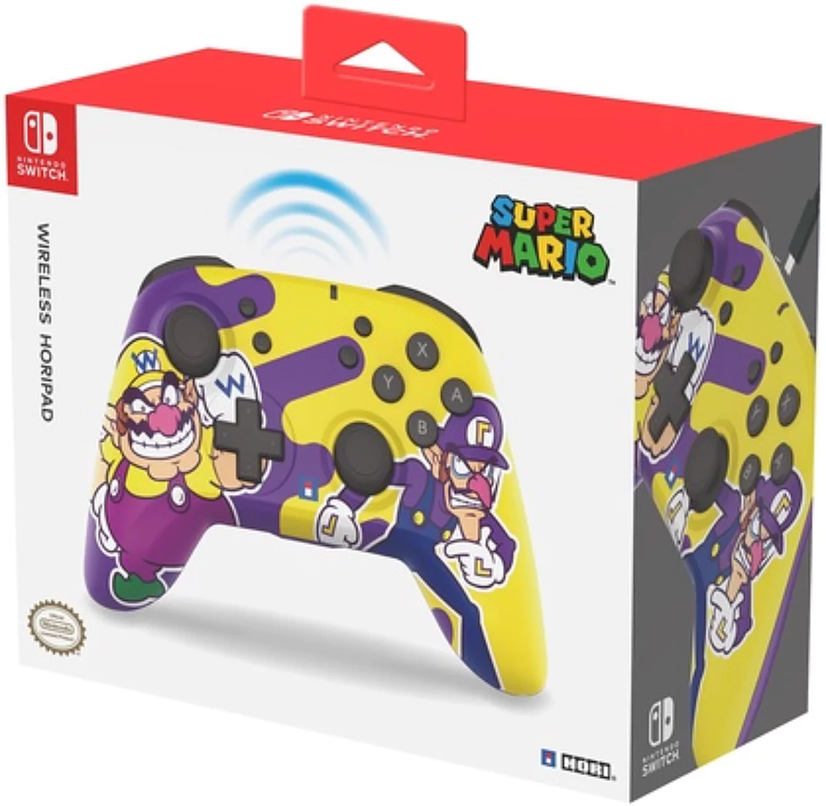 Un controlador HORIPAD inalámbrico para Nintendo Switch en una caja. El controlador tiene un diseño amarillo y morado con Wario y Waluigi.
