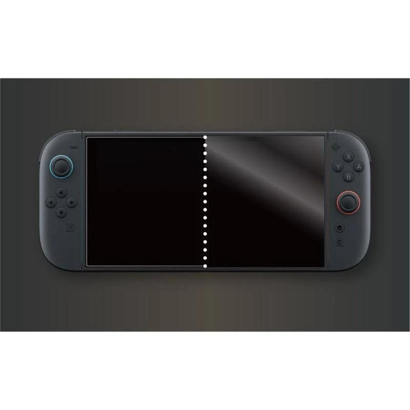 Una consola de juegos negra con una pantalla y controladores adjuntos a cada lado. La pantalla es oscura, con una línea de puntos blancos en el medio.