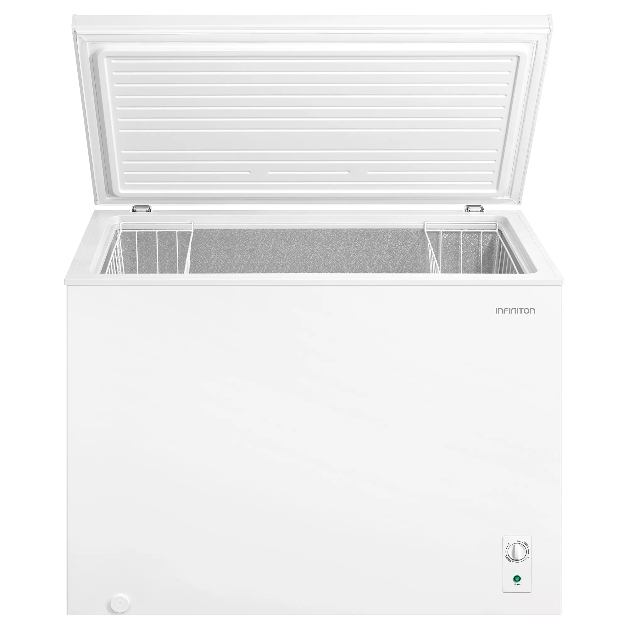 Congelador horizontal blanco con la tapa abierta. El interior es visible, junto con una perilla de control y una luz de encendido.