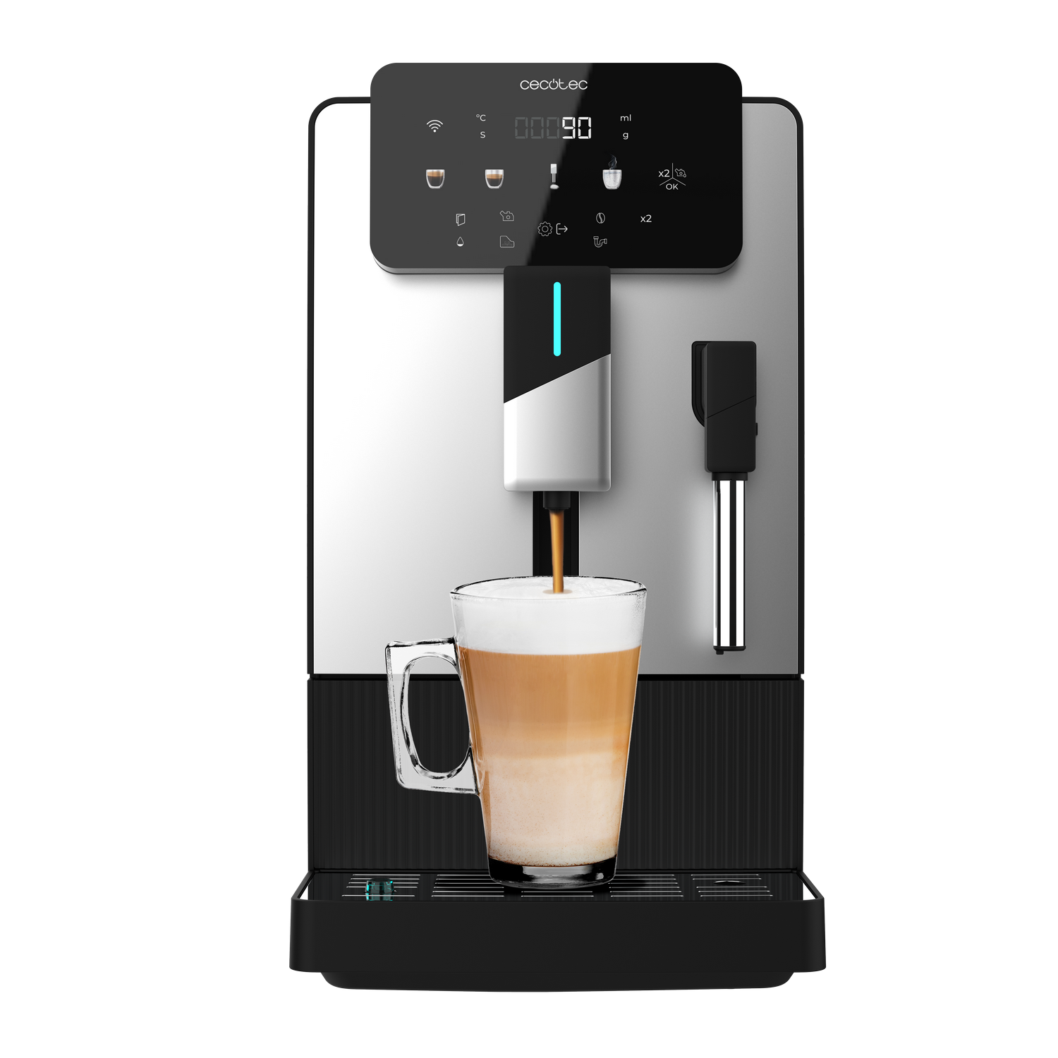 Una cafetera con una taza de vidrio llena de café en capas. La máquina es negra y plateada, con una pantalla digital.