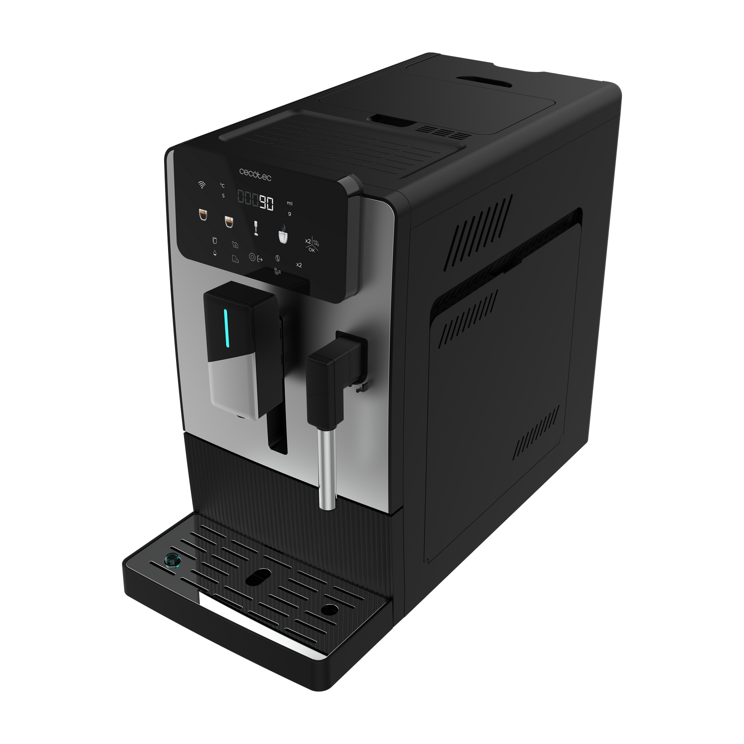 Una cafetera Cecotec negra y plateada. Tiene una pantalla digital, una boquilla de agua y una bandeja de goteo. El fondo es gris.