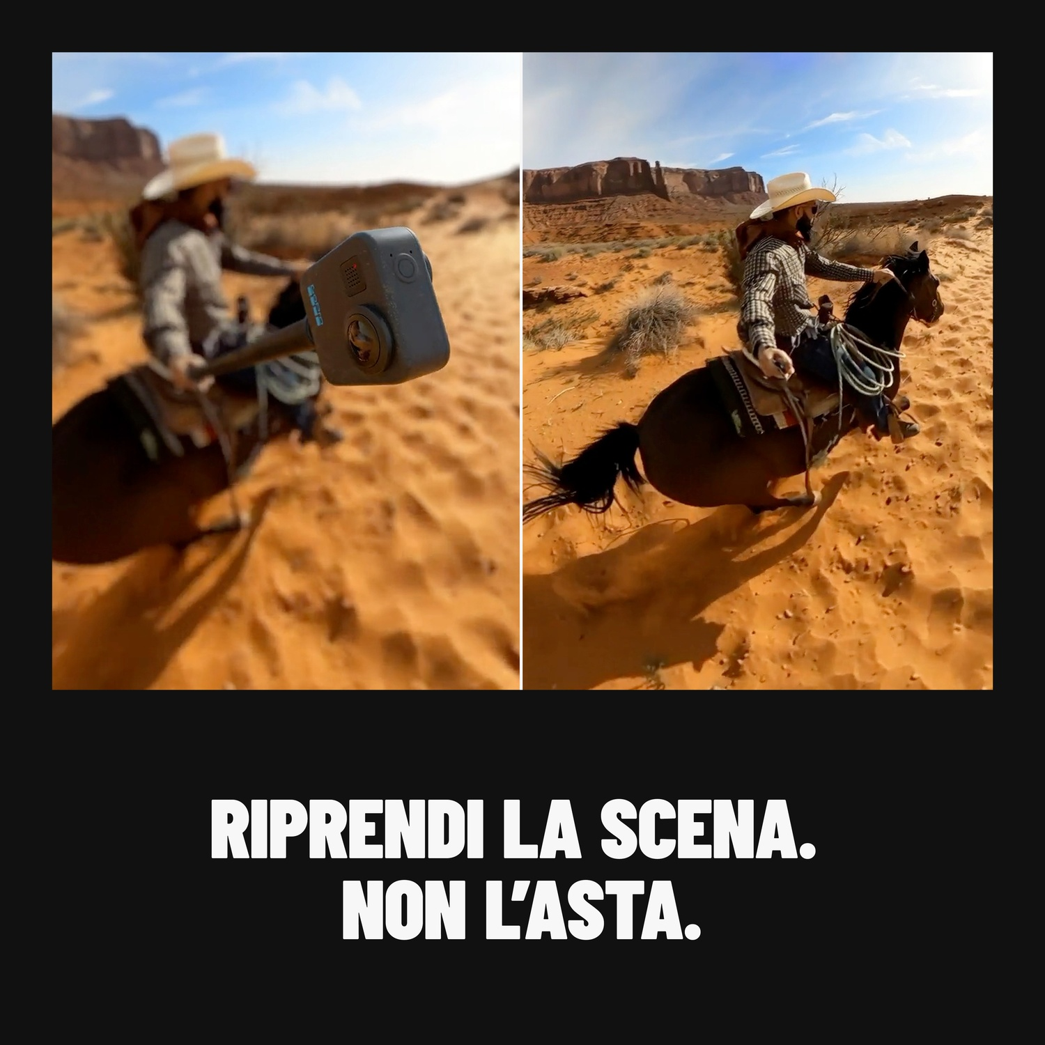Un cowboy a cavallo in un paesaggio desertico. Tiene una telecamera su un bastone. Il cielo è blu.
