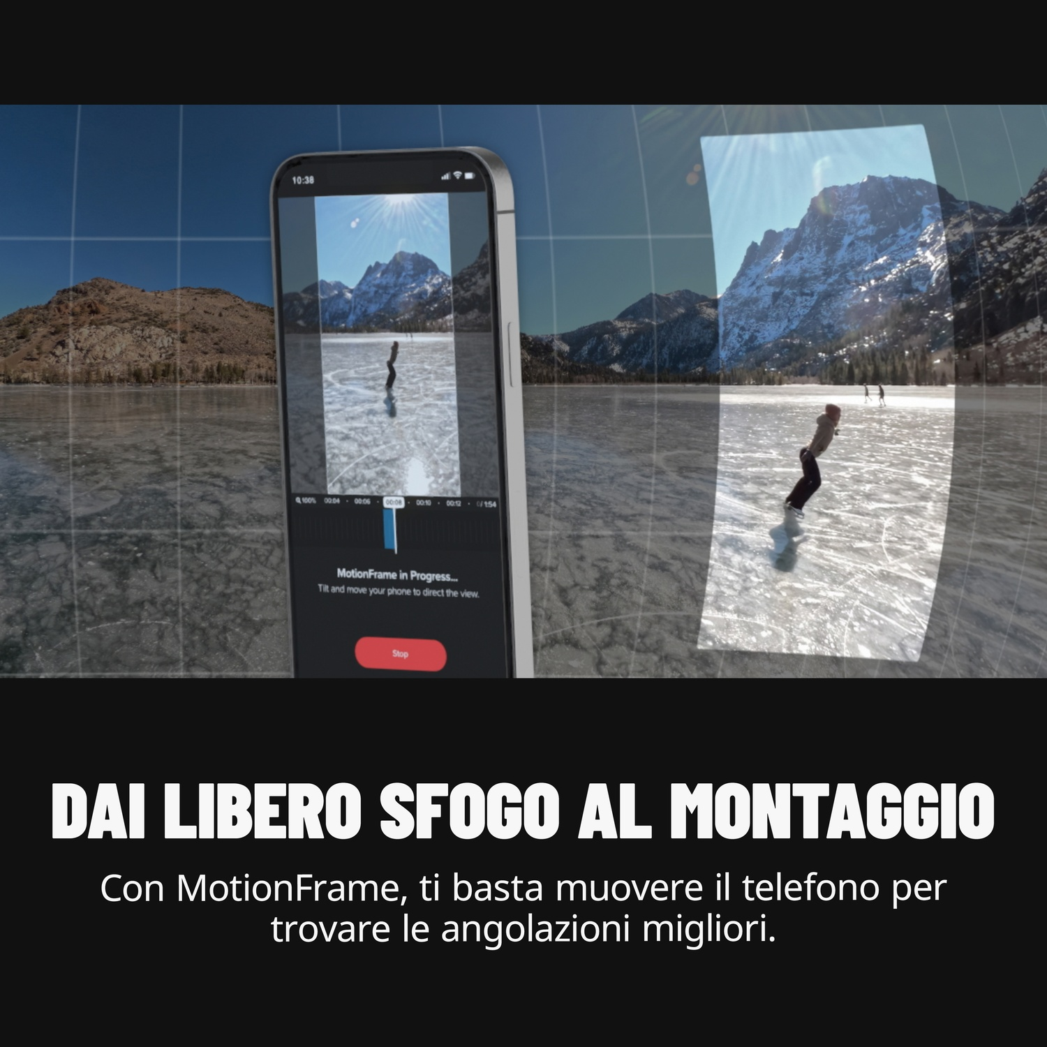 Un telefono mostra un pattinatore sul ghiaccio. Lo schermo mostra una vista sulla montagna. Lo sfondo ha montagne e un cielo soleggiato.