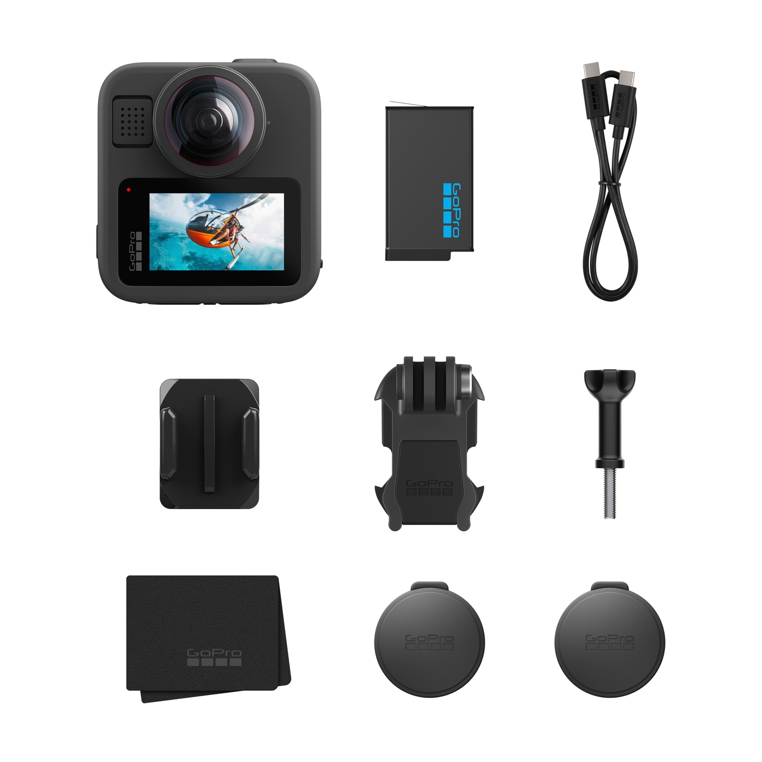 Viene visualizzata una fotocamera GoPro con accessori. Gli accessori includono una batteria, un cavo, supporti, copriobiettivo e un panno per la pulizia.