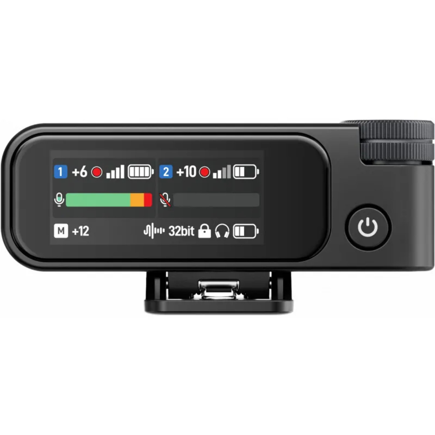 Zwart audio-opnameapparaat met display. Toont batterijniveaus, audioniveaus en instellingen. Inclusief aan/uit-knop en draaiknop.