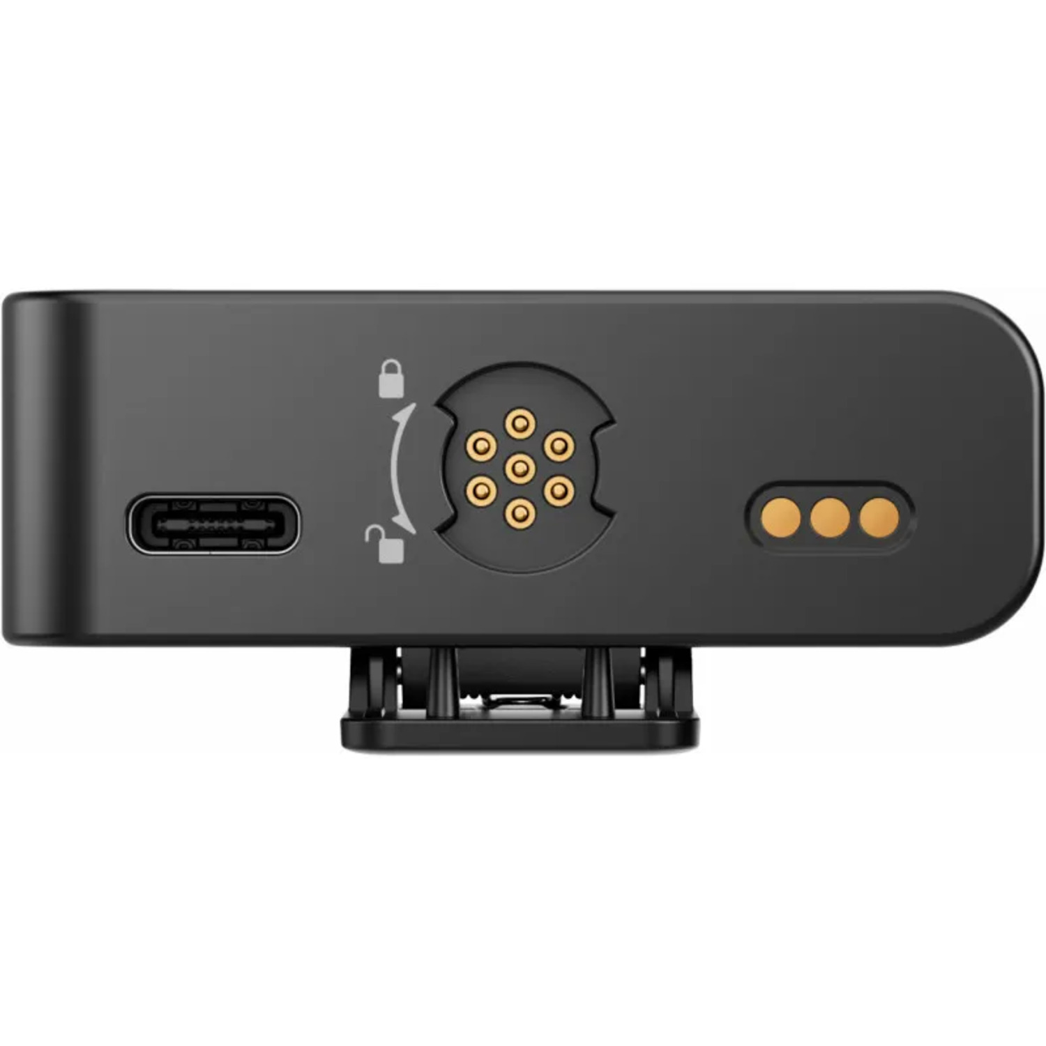 Zwart apparaat met USB-poort, gouden stippen en een ronde connector met gouden pinnen. Een metalen scharnier aan de onderkant.