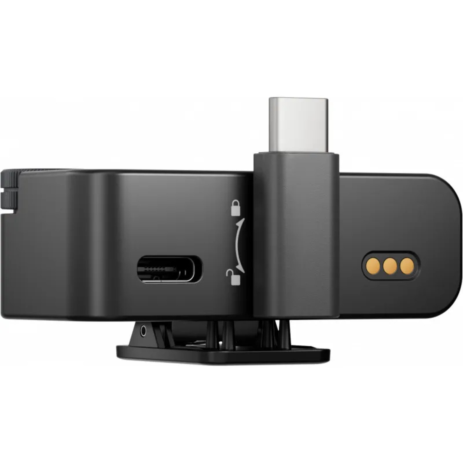 Een zwart apparaat met een USB-C-connector. Het heeft een sleuf, drie gouden stippen en een clipachtige structuur.