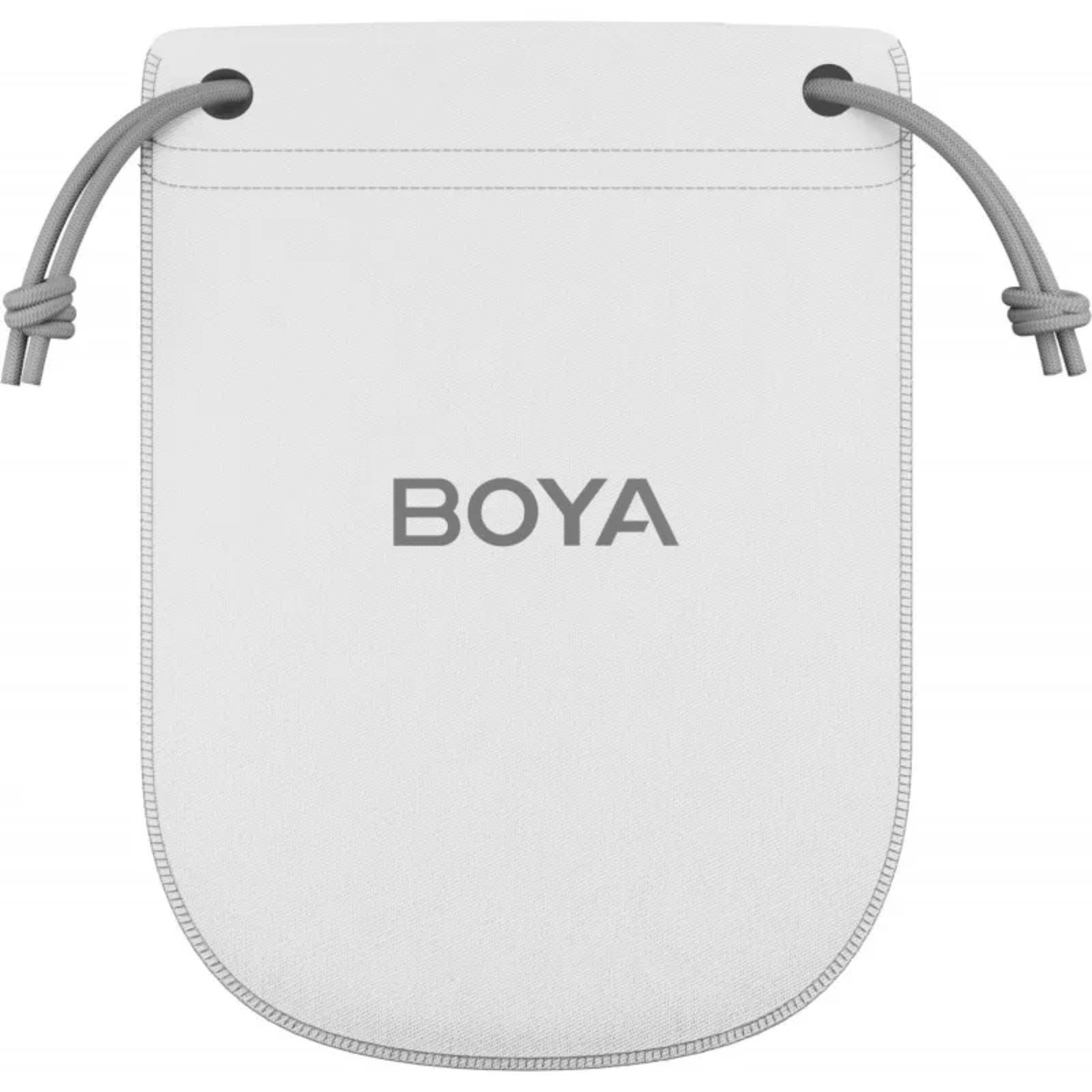 Een witte zak met trekkoord en de tekst 'BOYA' erop. Het heeft een grijs trekkoord en grijze oogjes.