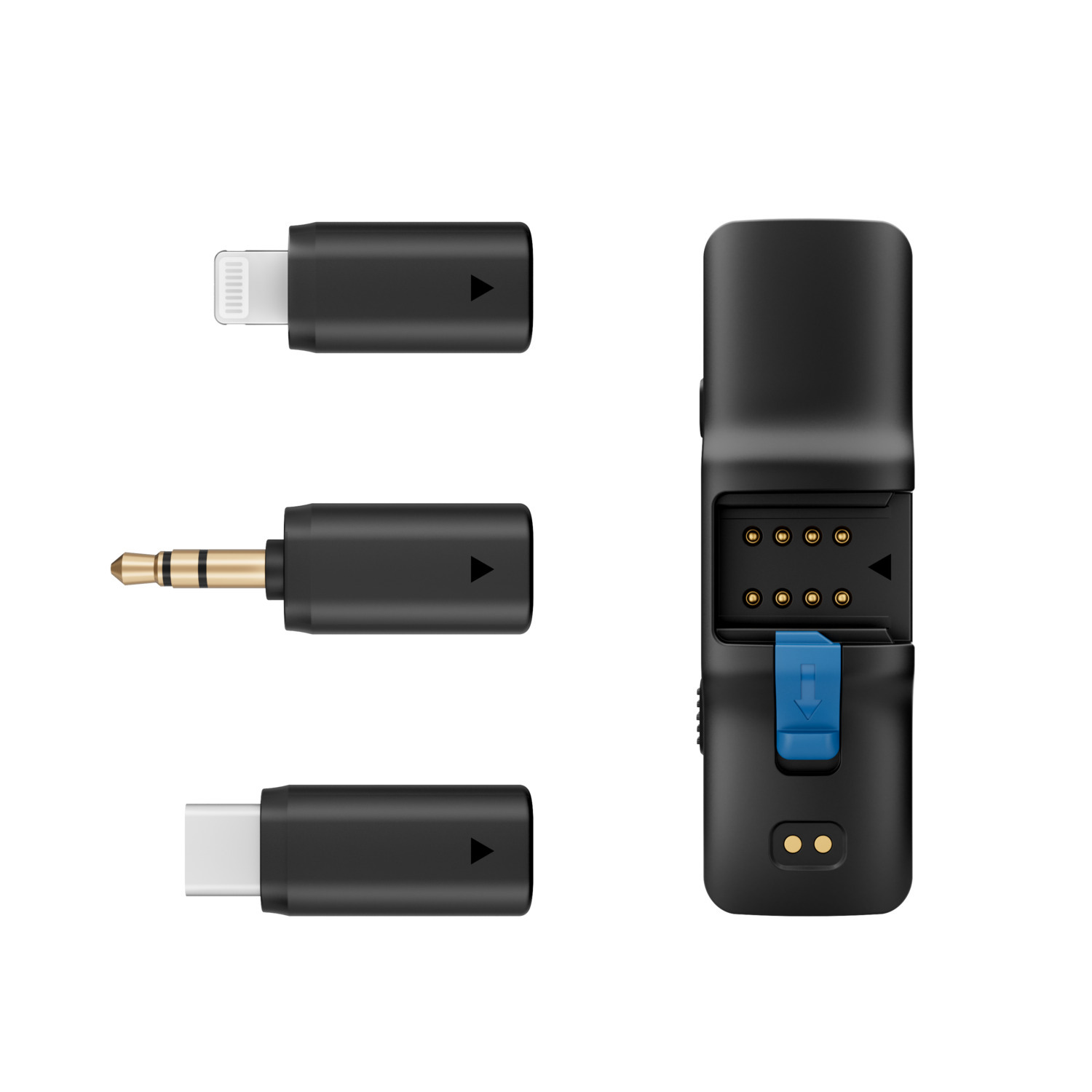 Zwarte audioadapters: Lightning, 3,5 mm jack, USB-C. Rechts: zwart apparaat met pinnen en een blauwe knop.