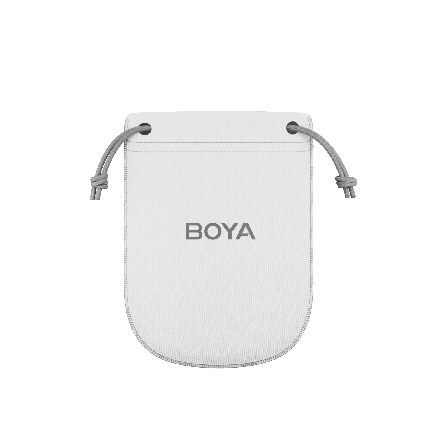 Een witte tas met grijs trekkoord. Het woord 'BOYA' is grijs gedrukt. De tas staat op een witte achtergrond.