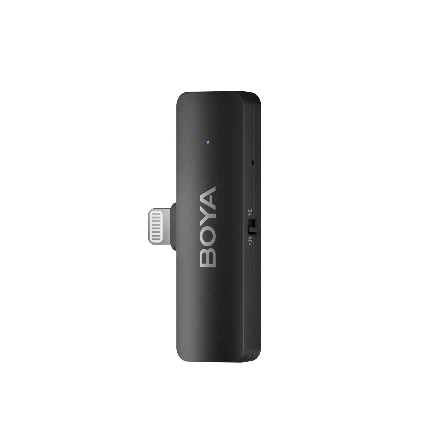 Een zwarte BOYA draadloze microfoonontvanger. Het heeft een Lightning-connector, een aan/uit-knop en volumeregeling. De achtergrond is wit.