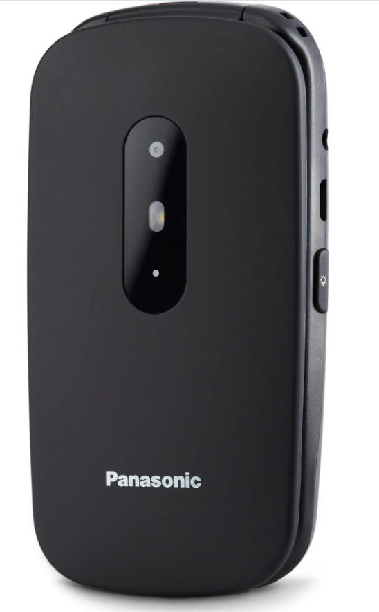 Zamknięty czarny telefon z klapką Panasonic. Ma aparat, lampę błyskową i przyciski z boku. Nazwa marki jest widoczna na dole.