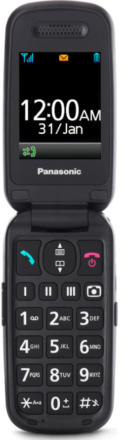 Czarny telefon z klapką Panasonic z godziną i datą na ekranie. Posiada duże przyciski.