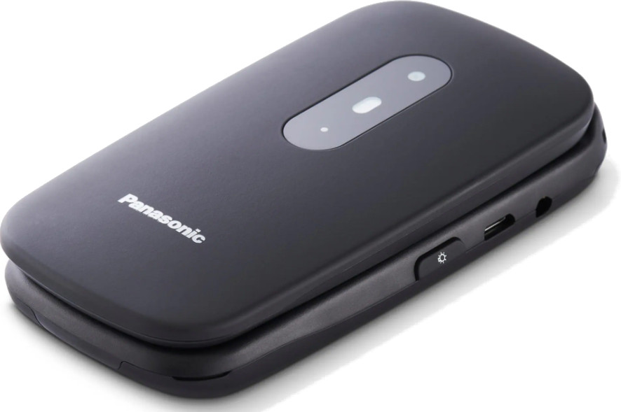 Czarne urządzenie Panasonic, prawdopodobnie modem. Zamknięte, z obszarem podobnym do aparatu. Marka widoczna. Posiada porty i przycisk.