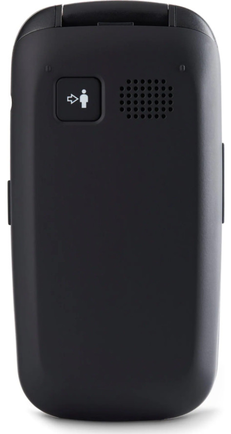 Zbliżenie tylnej części czarnego urządzenia. Posiada kratkę głośnika i przycisk z ikoną osoby i strzałki.