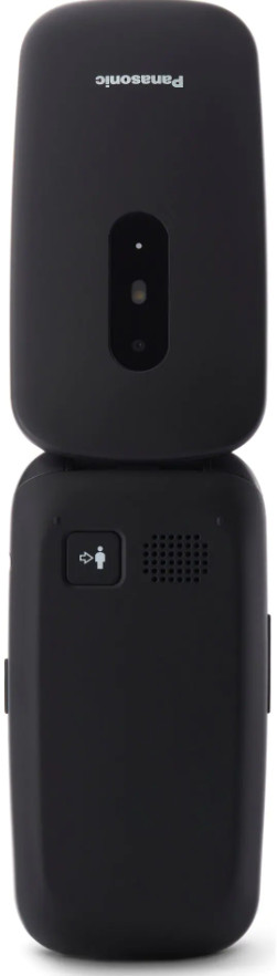 Czarny telefon bezprzewodowy Panasonic. Telefon jest otwarty, widoczny jest ekran i klawiatura. Posiada głośnik i przycisk.