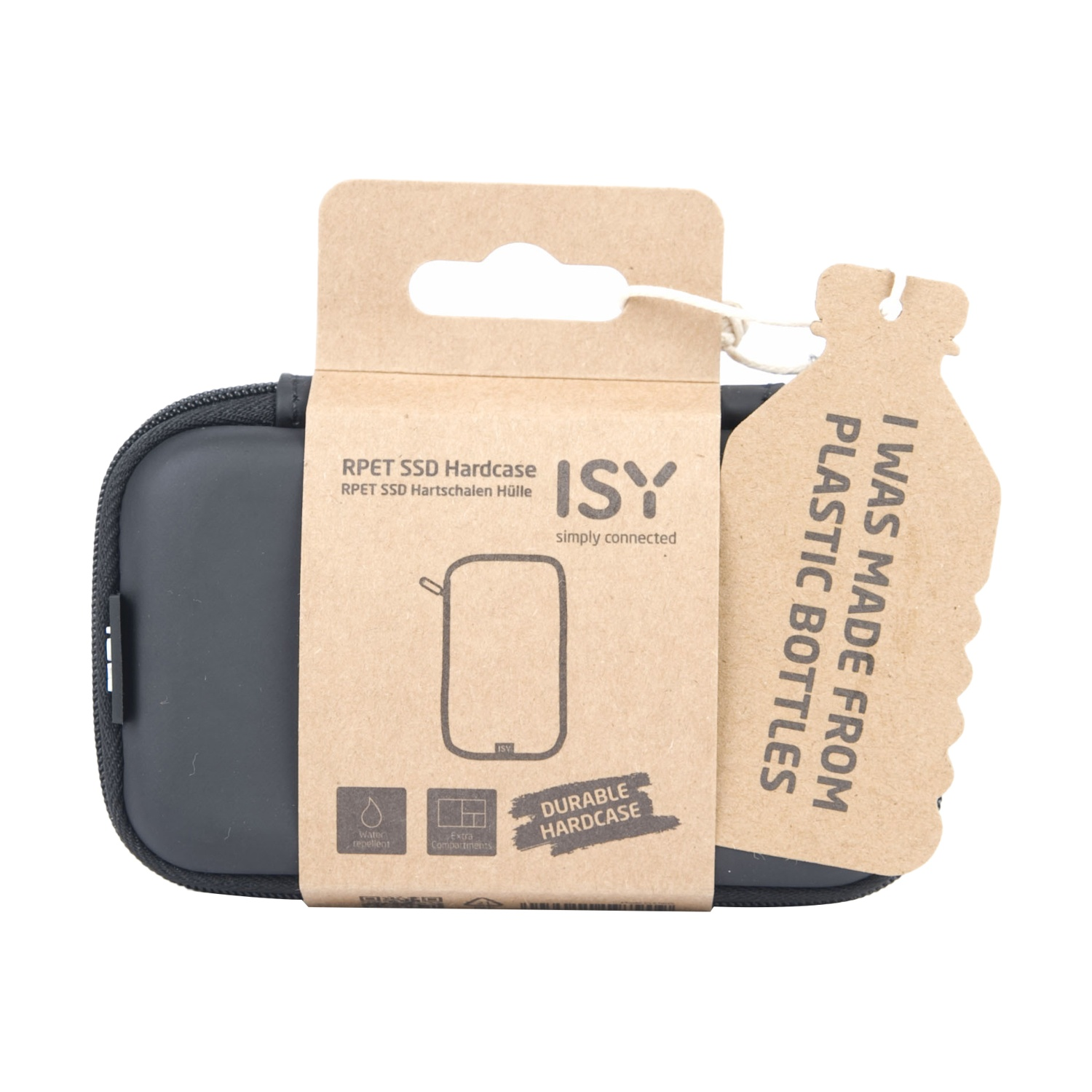 Una custodia rigida ISY grigio scuro realizzata con bottiglie di plastica riciclata è esposta su sfondo bianco. Un'etichetta è allegata.