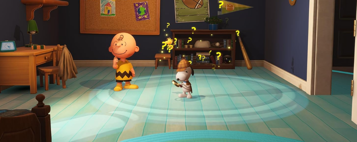 Charlie Brown und Snoopy in einem Raum. Snoopy hält eine Lupe. Bücherregale und ein Schreibtisch sind sichtbar.