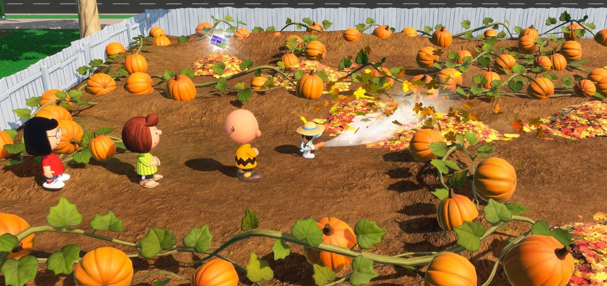 Eine Kürbisfeld-Szene mit Charlie Brown, Freunden und Snoopy. Kürbisse gibt es im Überfluss. Snoopy sprüht Wasser. Herbstblätter sind verstreut.