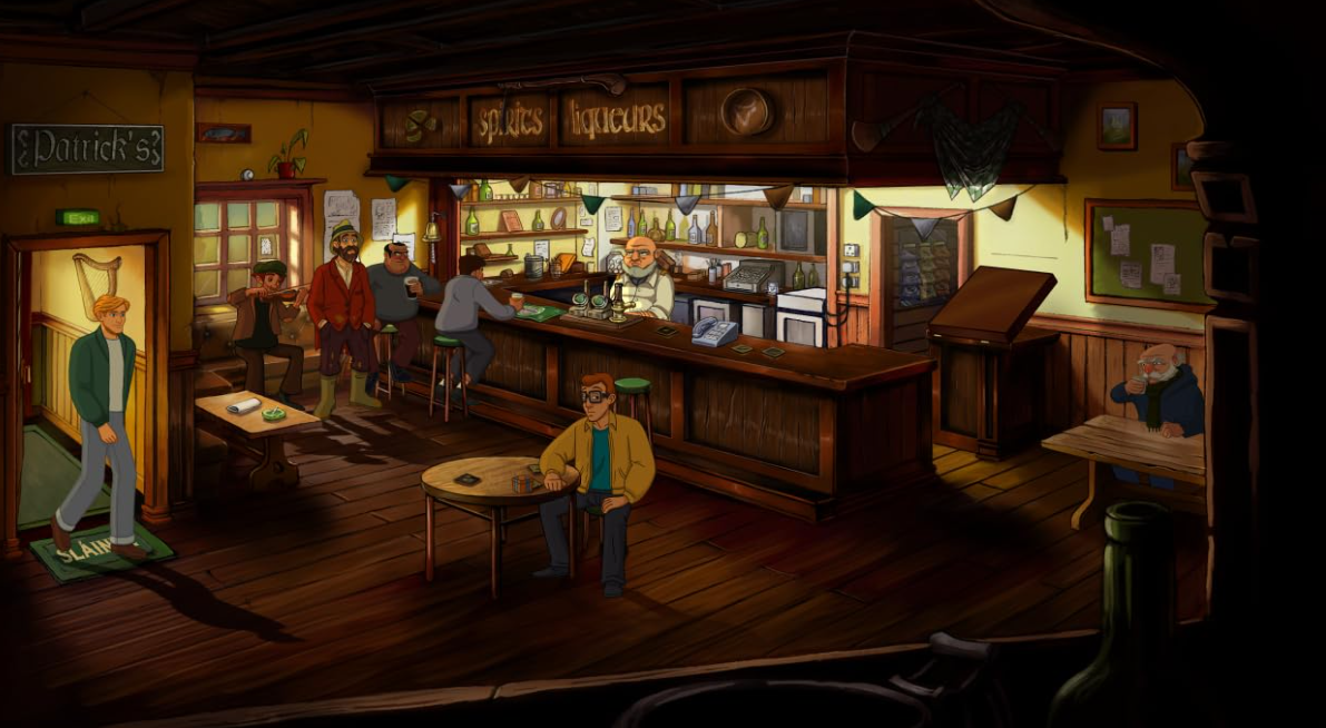 Cartoon-Kneipeninterieur. Leute an der Bar, Tische. Mann betritt die Tür, andere sitzen. Barkeeper bedient. Holzböden und Möbel.