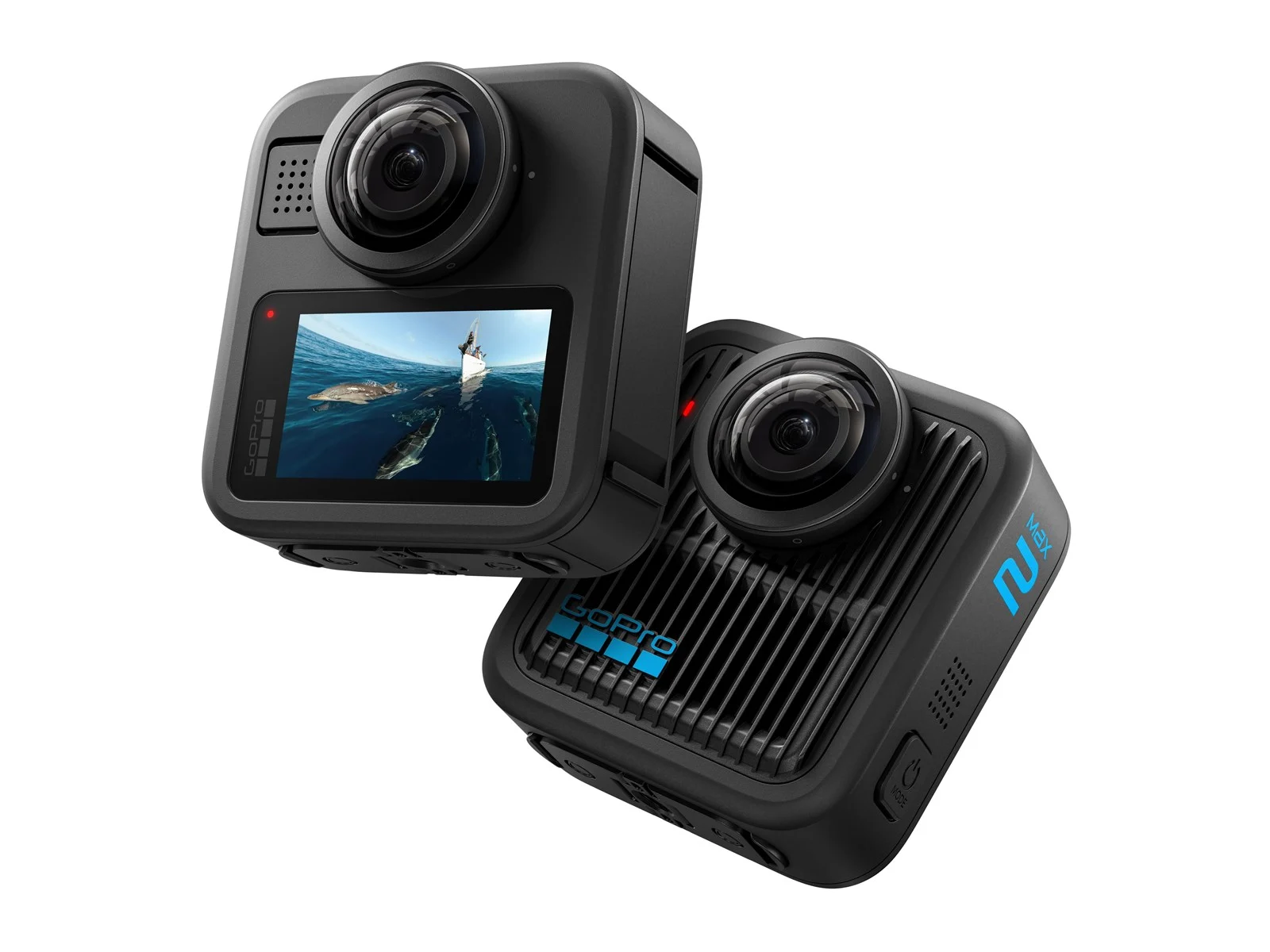 Two black GoPro MAX cameras. One displays a screen with dolphins and a boat. The other has a blue MAX logo.