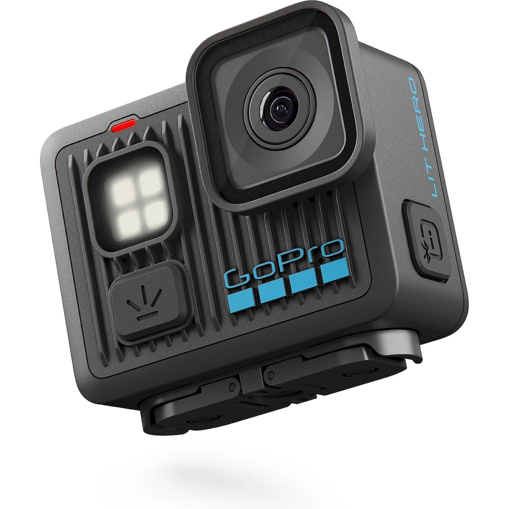 Black GoPro camera with a square lens, light, and buttons. The GoPro logo is blue. It is on a white background.