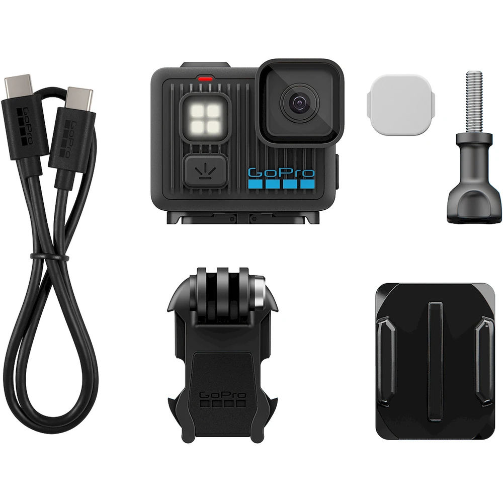 A black GoPro camera with accessories, including a USB cable, mount, and a screw. The camera has a lens, screen, and the GoPro logo.