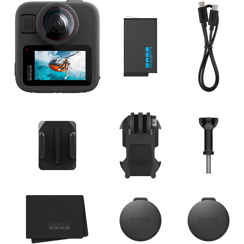 A GoPro camera and accessories are arranged on a white surface. Items include a camera, battery, cable, mounts, lens caps, and cleaning cloth.