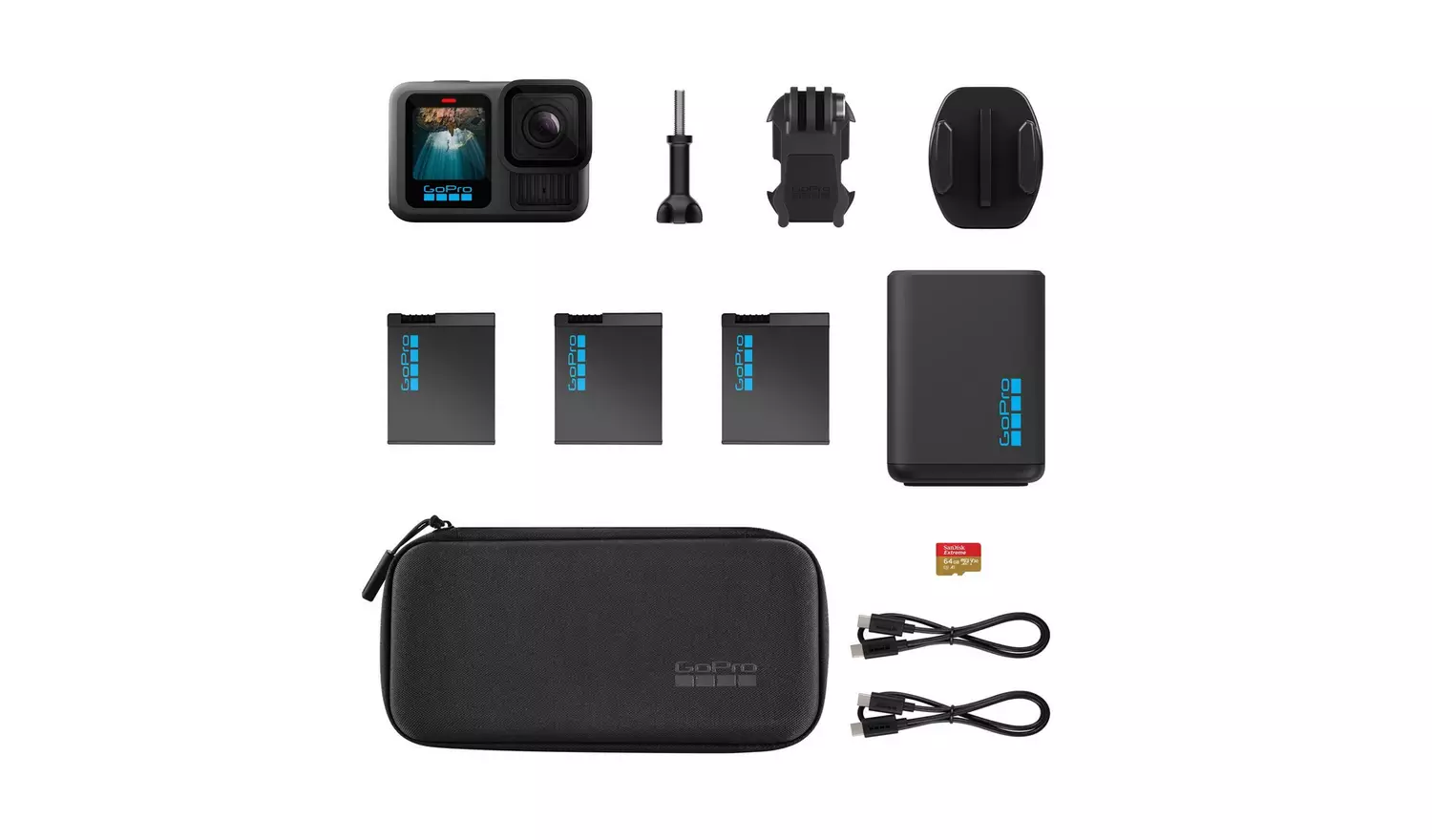 GoPro camera and accessories arranged on white. Includes camera, mounts, batteries, case, SD card, and charging cables. All black.