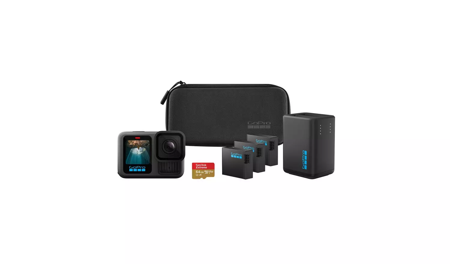GoPro camera, case, charger, batteries, and SD card on a white background. GoPro logo is visible on the items.