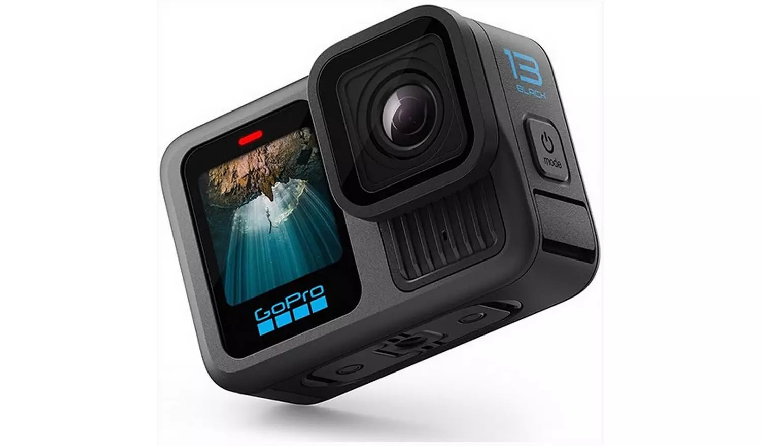 A black GoPro camera with a screen showing an underwater scene. It has a lens, buttons, and the number 13.
