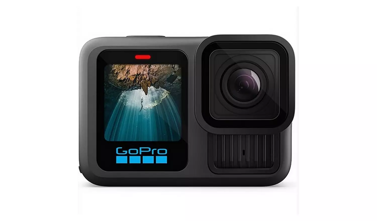 Black GoPro camera with screen showing underwater scene. Features a lens, buttons, and the GoPro logo.