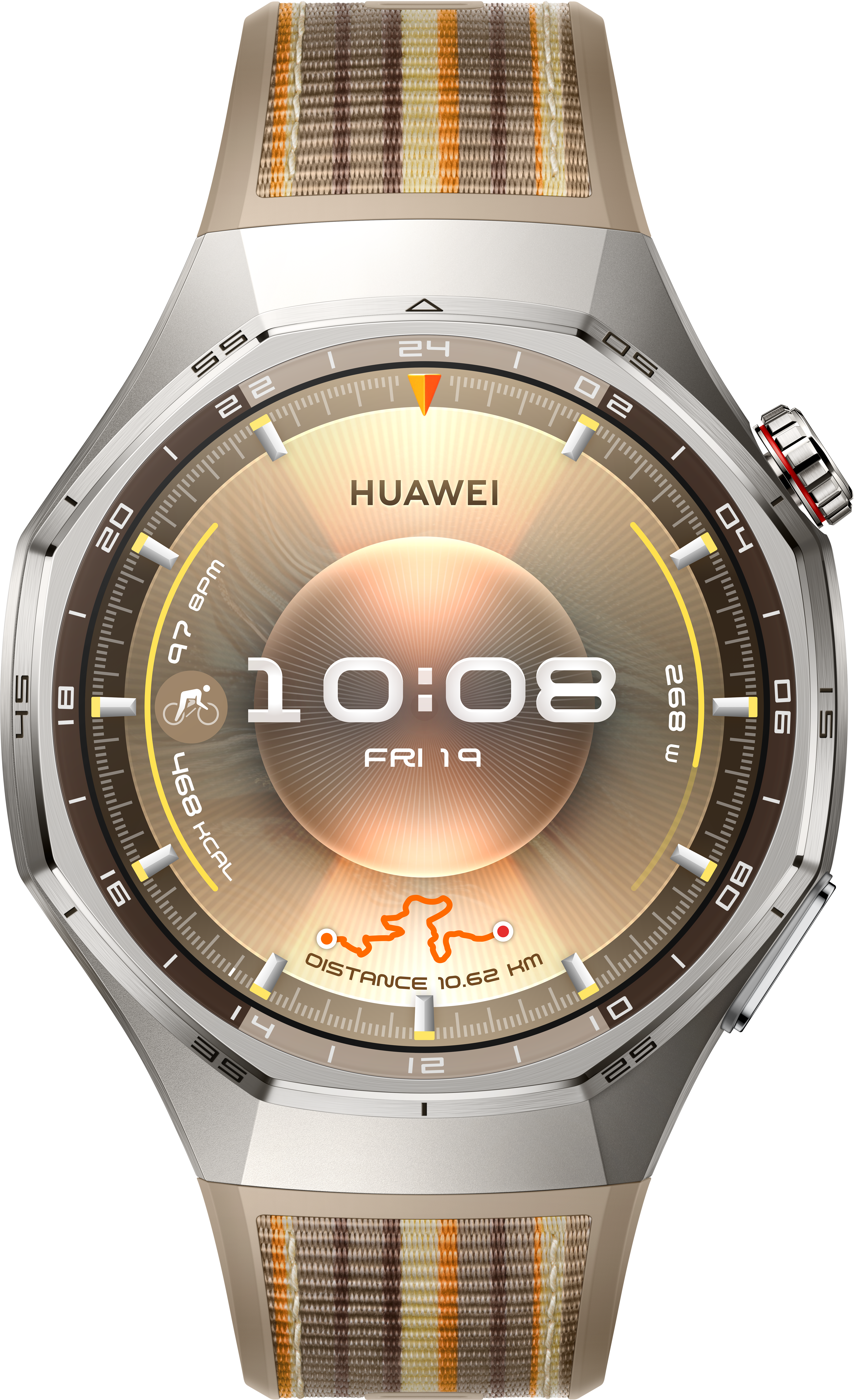 Une smartwatch Huawei avec un bracelet beige et rayé. L'écran affiche l'heure, la date, les mesures de fitness et une carte d'itinéraire.