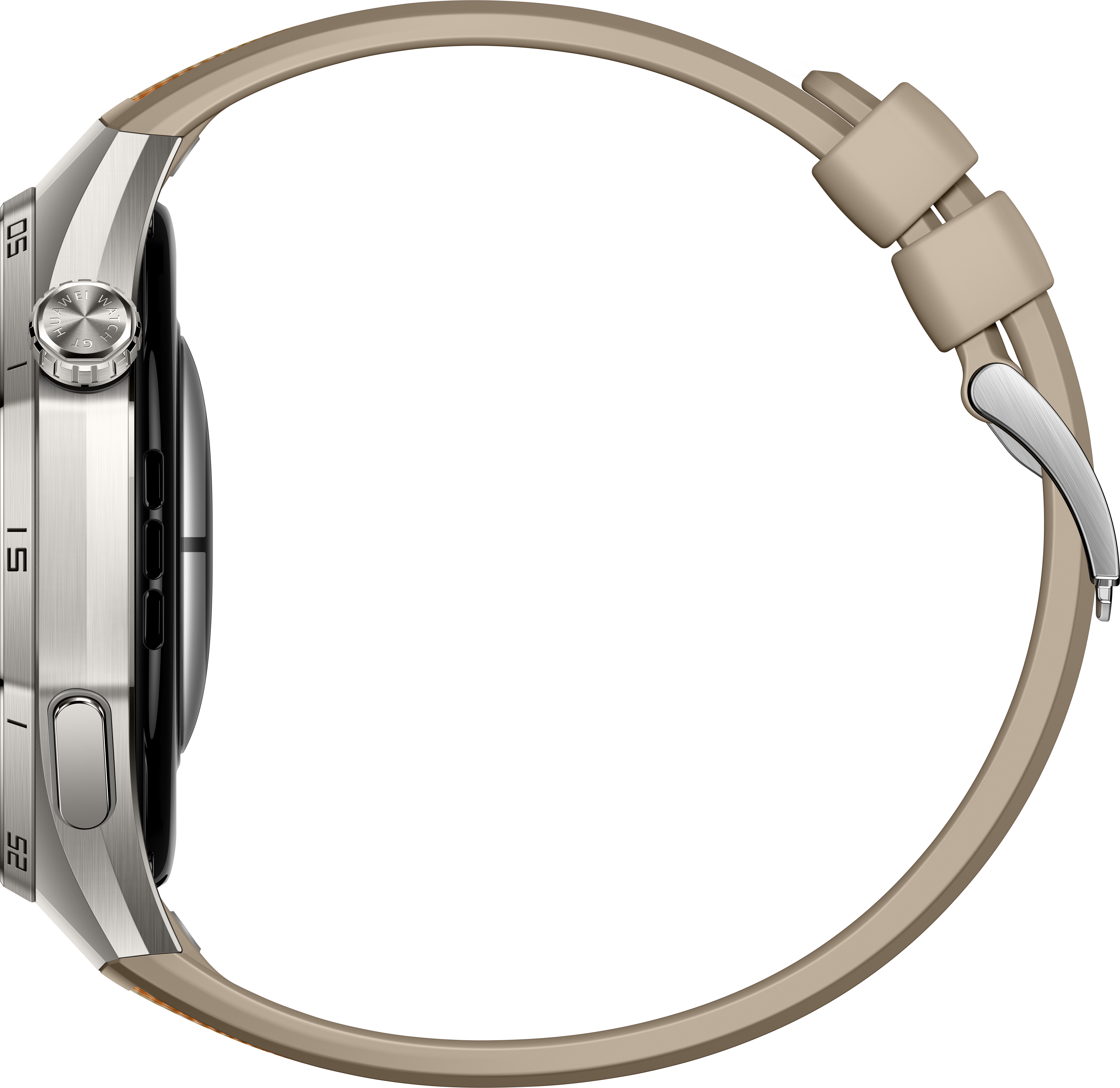 Vue latérale d'une montre connectée avec boîtier argenté et bracelet beige. La montre est circulaire avec écran noir.