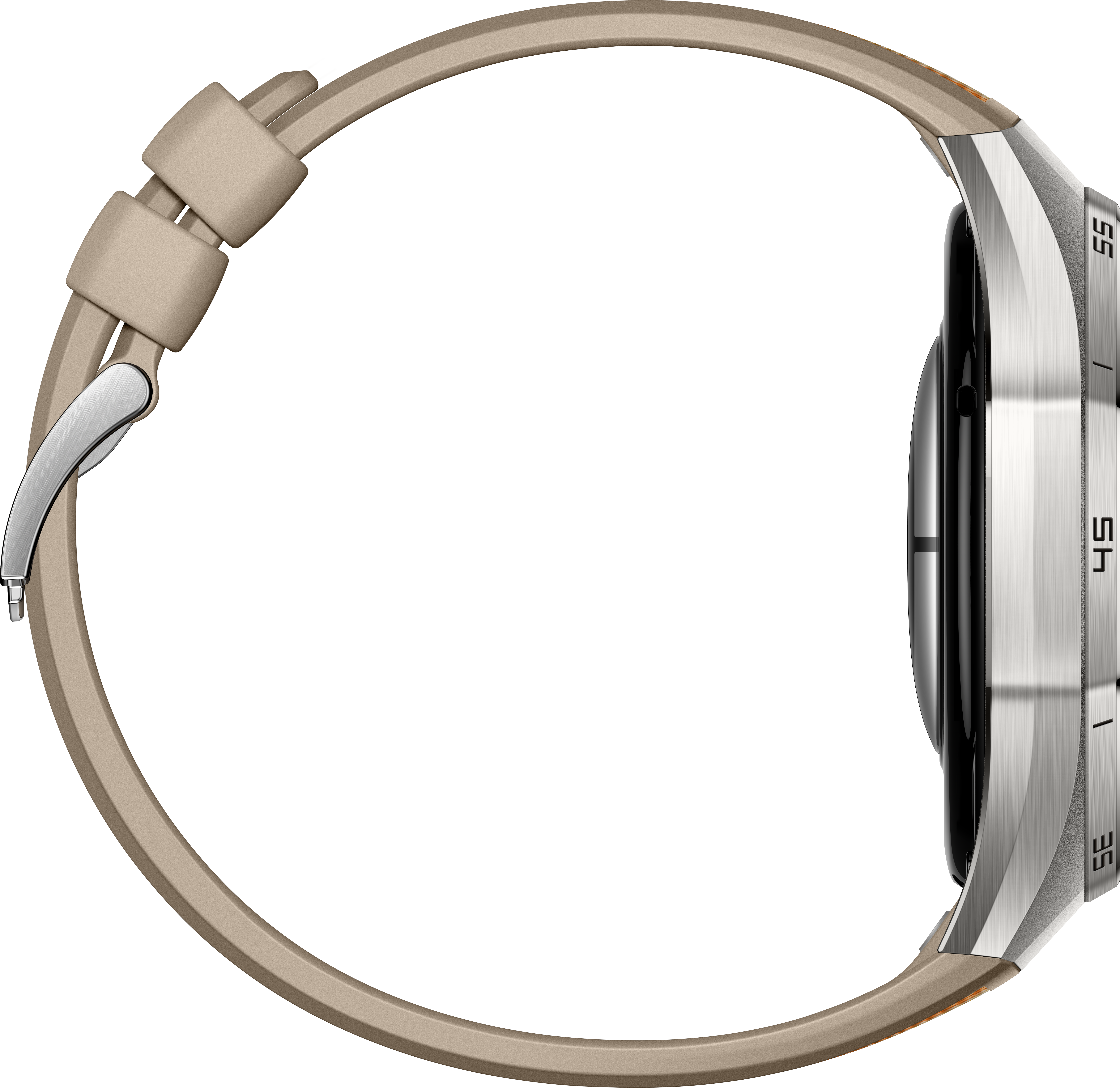 Vue latérale d'une montre avec bracelet beige et boîtier argenté. Cadran noir et chiffres visibles.