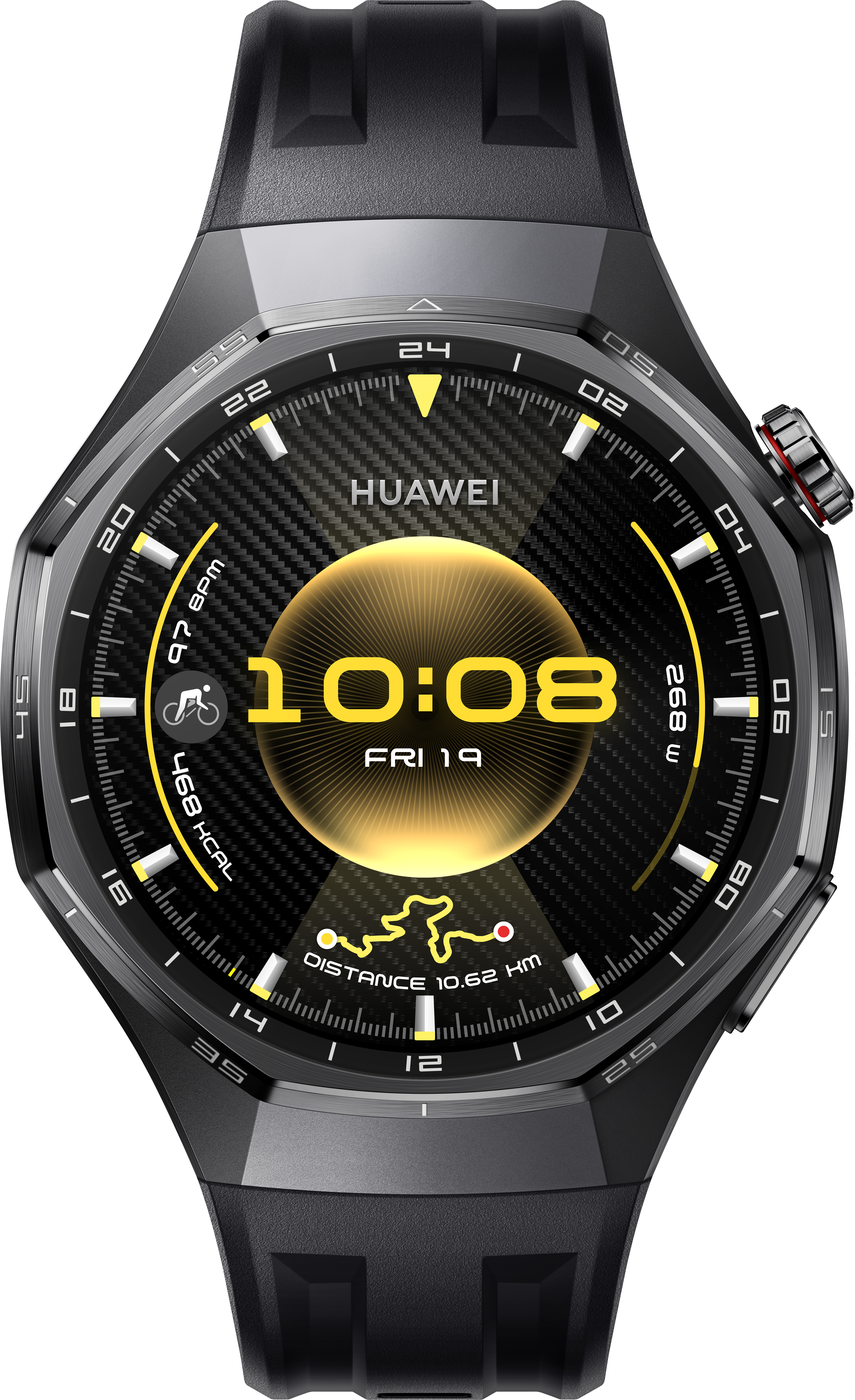 Une montre connectée Huawei noire affiche l'heure, la date et les données de fitness. Elle a un cadran en fibre de carbone, des touches de jaune et un bracelet noir.