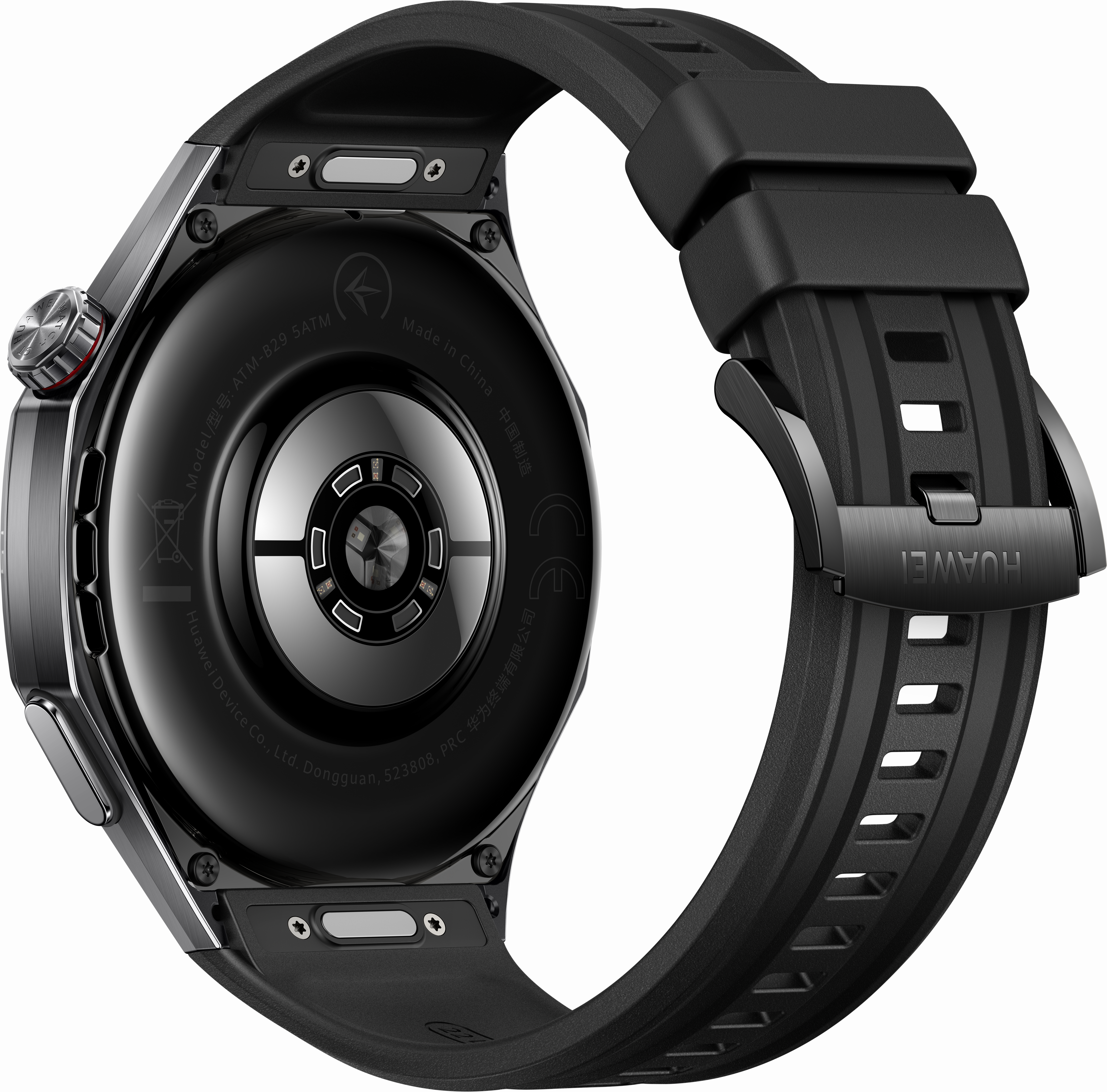 Montre connectée noire avec bracelet noir. L'arrière affiche les détails du modèle et du fabricant.