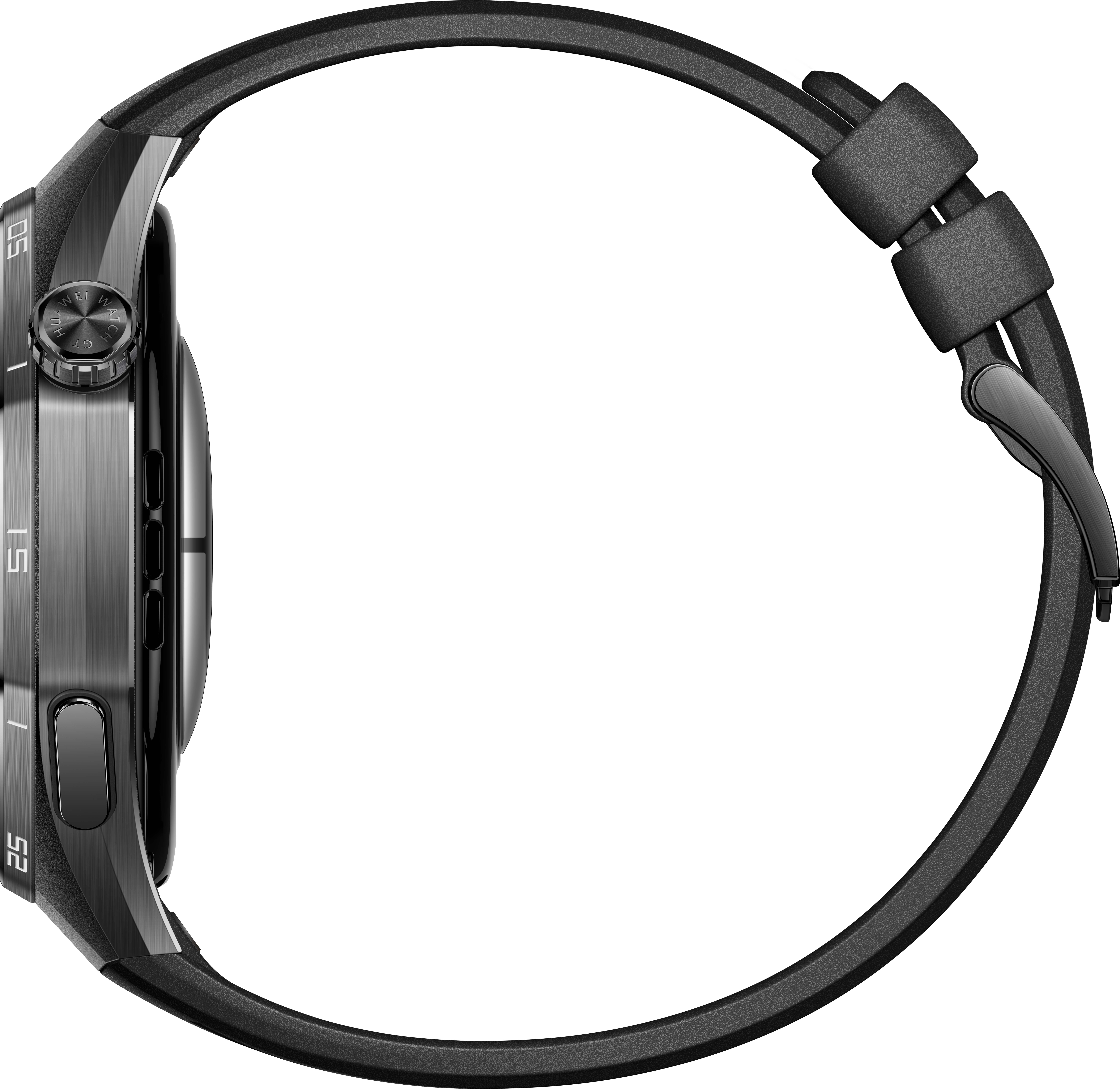 Vue latérale d'une montre connectée noire avec lunette gris foncé et bracelet noir, sur fond blanc.