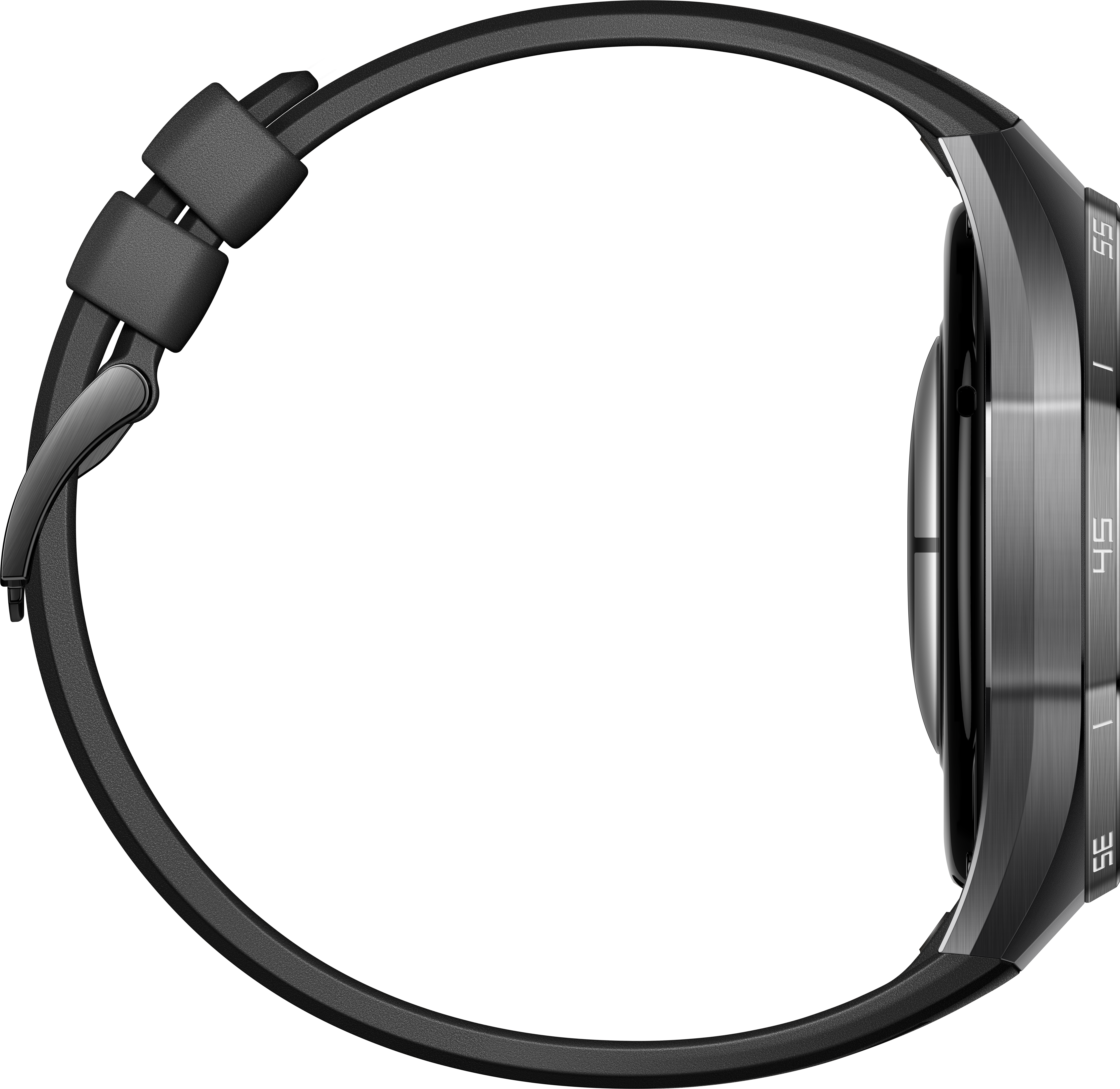 Vue latérale d'une montre connectée noire. La montre a un bracelet noir et un cadran métallique gris foncé.