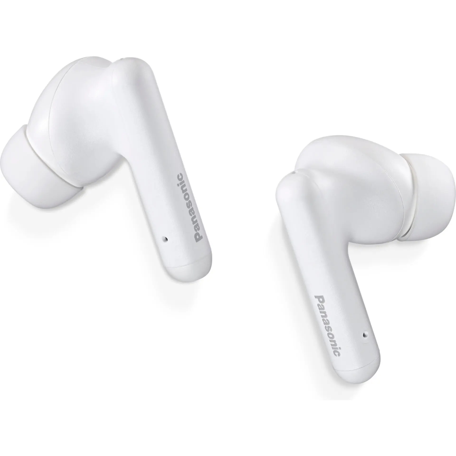 Dwie białe słuchawki Panasonic na białym tle. Każda ma korpus i trzon z nazwą marki.