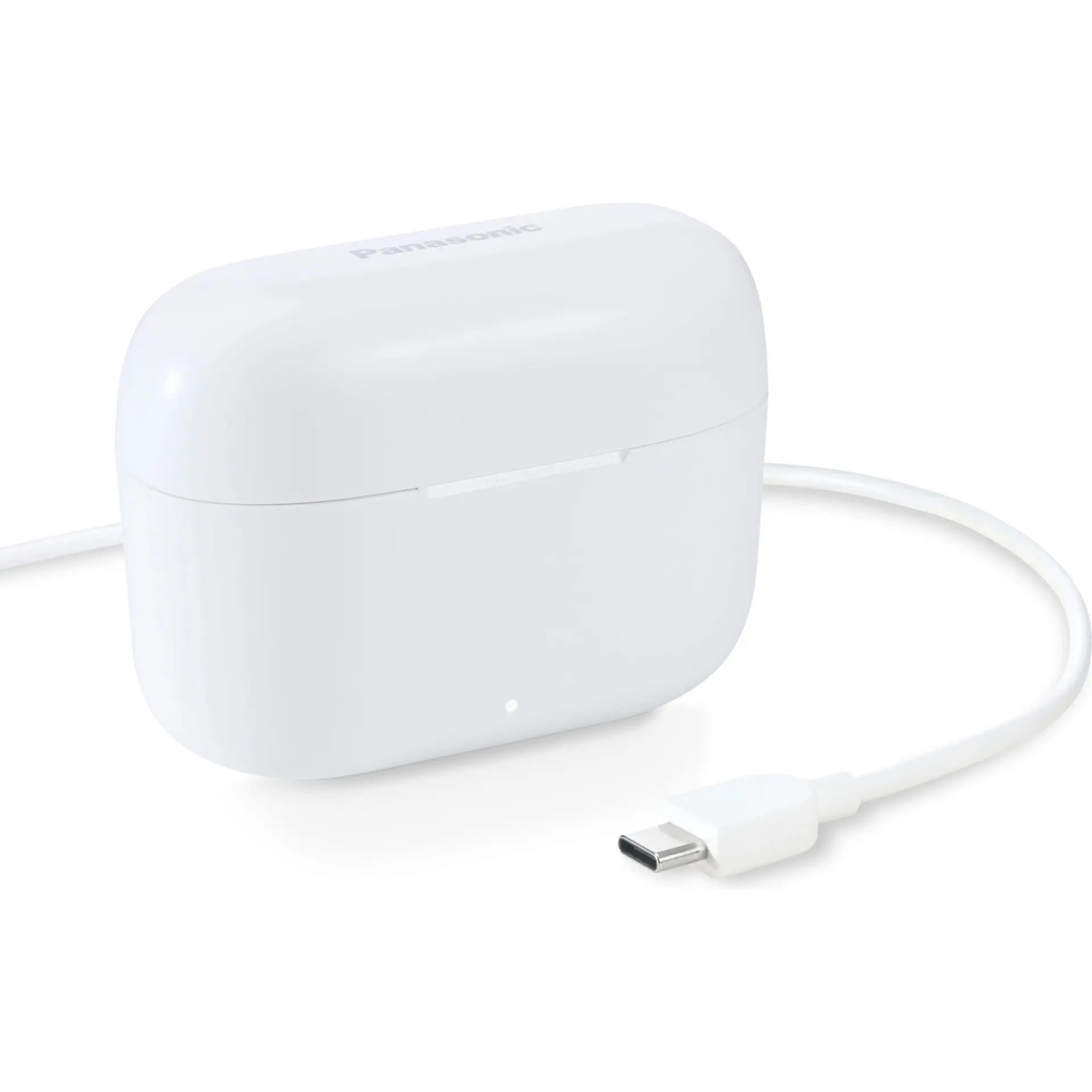Białe etui ładujące do słuchawek Panasonic z podłączonym kablem USB-C. Etui jest zamknięte, a tło jest białe.