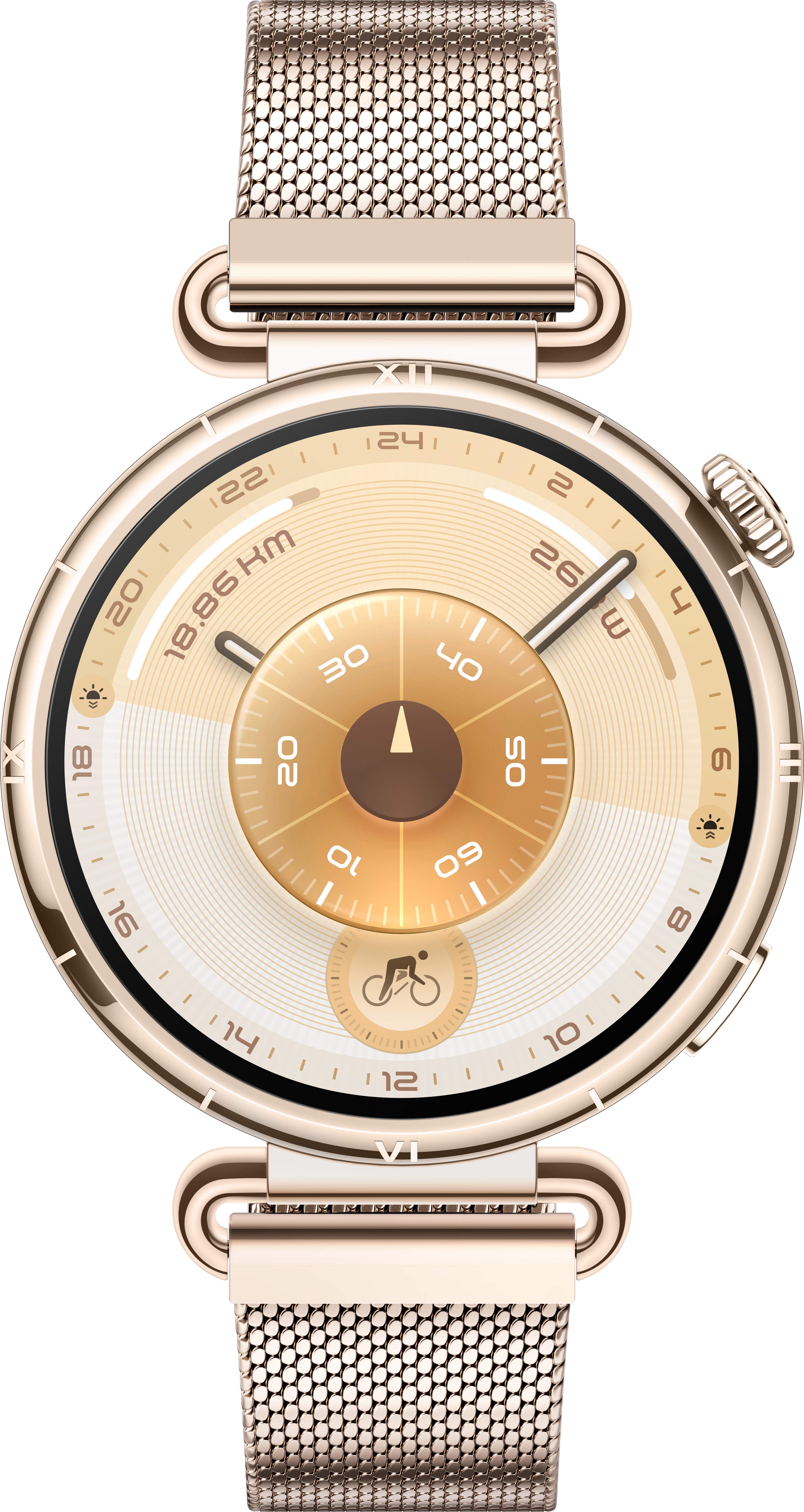 Une montre connectée dorée avec un bracelet en maille. Le cadran affiche l'heure, la distance et une icône de vélo.